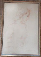 Tablou studiu de femeie / nud &icirc;n profil, creion roșcat / sanguină pe h&acirc;rtie, inramat, sticla antireflex, 62 &times; 44 cm