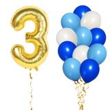 Set 13 Baloane Aniversare 3 Ani Baiat Albastru Auriu - Cifra 81cm, Latex 30cm - Decor Petrecere Copii Ropet