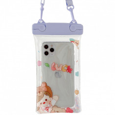 Husa subacvatica Fruity Waterproof Flippy, Snowproof, Universala, Impermeabila, cu Snur, pentru telefon sau documente, Lucky Girl, Mov