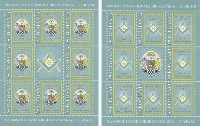 |Romania, LP 1883/2010, Marea Loja Masonica din Romania, minicoala 8t.+1v., MNH