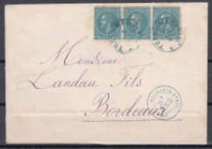 ROMANIA 1876 LP 39 REGELE CAROL I EMISIUNEA BUCURESTI I STRAIF 3 TIMBRE 10 BANI ALBASTRU VERZUI/PLIC CIRCULAT TURNU-MAGURELE/FRANTA 1878 foto