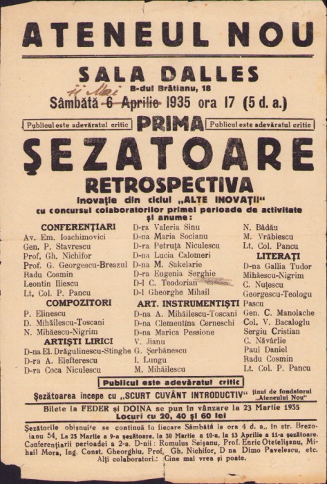 HST A1085 Afiș Sala Dalles 1935 Ateneul Nou spectacol Prima șezătoare