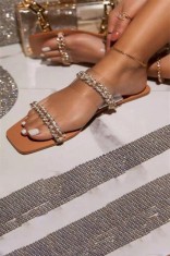 CH25-68 Sandale casual cu varf drept si lant auriu