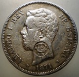 F.597 SPANIA AMADEO I 5 PESETAS 1871 SD M ARGINT CONTRAMARCA GP PORTUGALIA AZORE