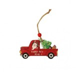 Decoratiune de craciun din lemn, flippy, cu snur pentru agatare in brad, model masina lui mos craciun, scris happy new year, 8x8x0.4 cm, multicolor