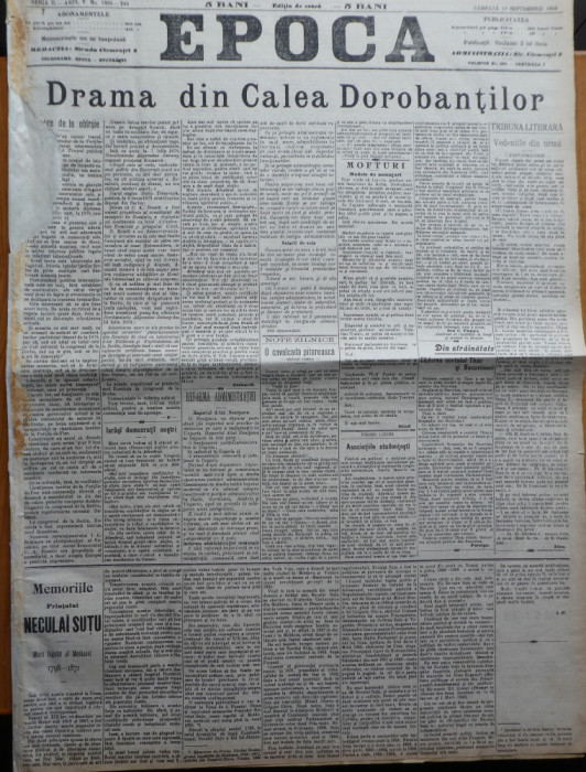 Ziarul Epoca, 18 Septembrie 1899; Drama din calea Dorobantilor