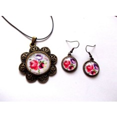 Set bjuterii pandantiv sub forma de floare si cercei rotunzi, set cadou femei 39956