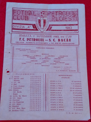 Program meci fotbal PETROLUL PLOIESTI - SC BACAU (17.09.1983) foto