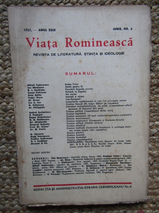 REVISTA VIATA ROMANEASCA REVISTA DE LITERATURA ARTA SI IDEOLOGIE ANUL XXIX IUNIE NR. 6 1937