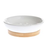 Savoniera din ceramica alba cu baza din bambus 10 cm