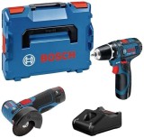 Bosch Set GSR 12V-15 Masina de gaurit + GWS 12V-76 Polizor unghiular + 2 acumulatori GBA 12V 2.0Ah + incărcător GAL 12V-20 Professional + L-BOXX