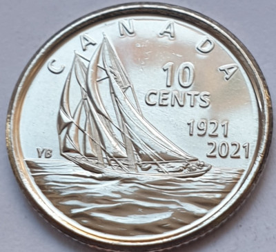 10 cents 2021 Canada, 100th Anniv. Bluenose, data dublă, varianta necolor , unc foto