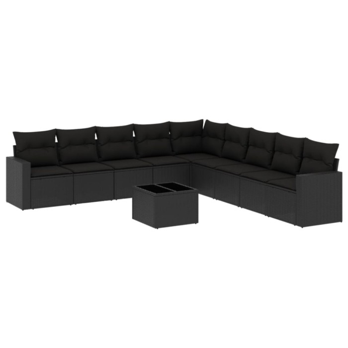 Set canapele de gradina cu perne, 10 piese, negru, poliratan