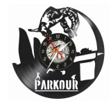 Ceas de perete decorativ, Parkour / Freerunning Urban, realizat din disc de vinil (Vinyl Record), 30 cm, mecanism silențios, negru