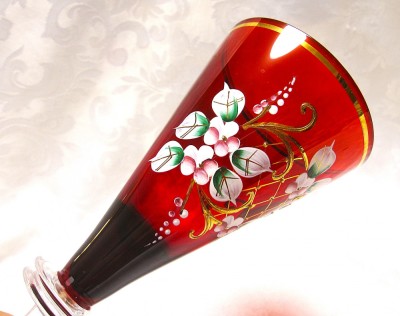 PAHAR POCAL CRISTAL DE BOHEMIA - RUBIN CU DECOR MANUAL CU EMAIL 25 CM foto