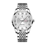 Gohuos, Ceas barbatesc de mana, Casual, Data, Zilele saptamanii, Otel, Argintiu Alb