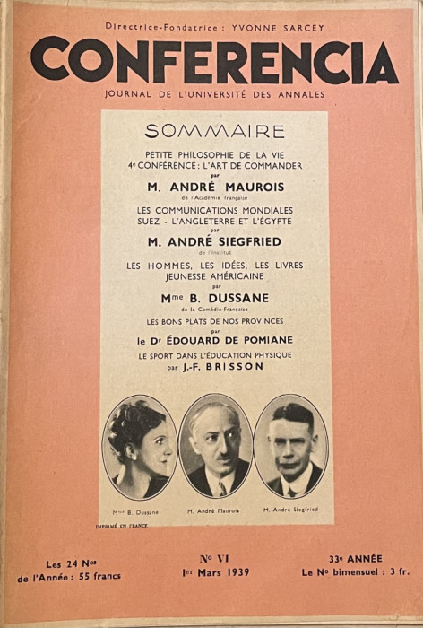 CONFERENCIA , JOURNAL DE &#039;UNIVERSITE DES ANNALES 1939