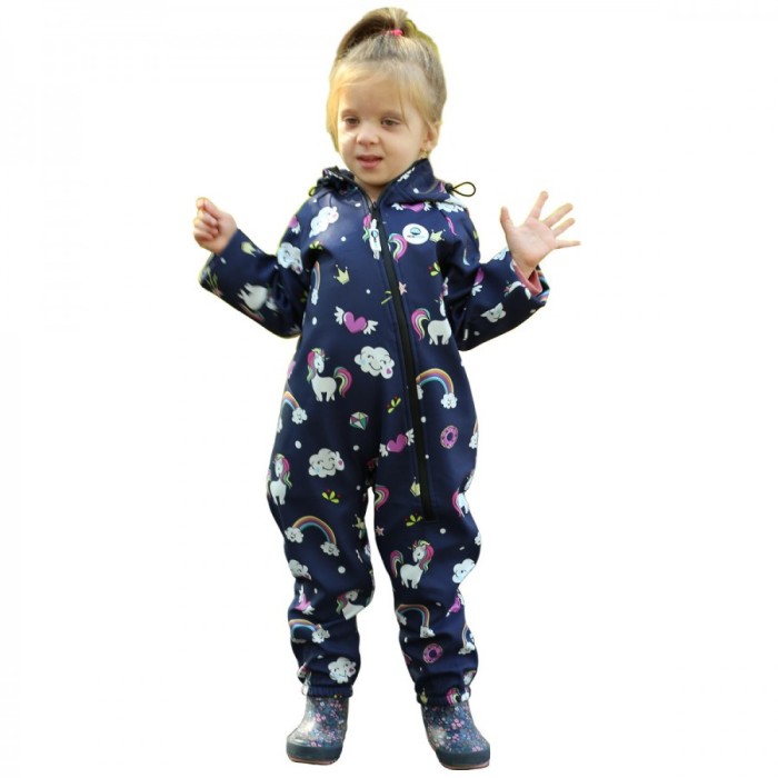 Salopeta impermeabila pentru copii Kidscare, cu protectie la vant si ploaie cu imprimeu Unicorni Navy
