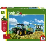 Puzzle 100 piese, John Deere - Tractor 7310R si combina de recoltat 8600i + Cadou: macheta Siku, Schimdt