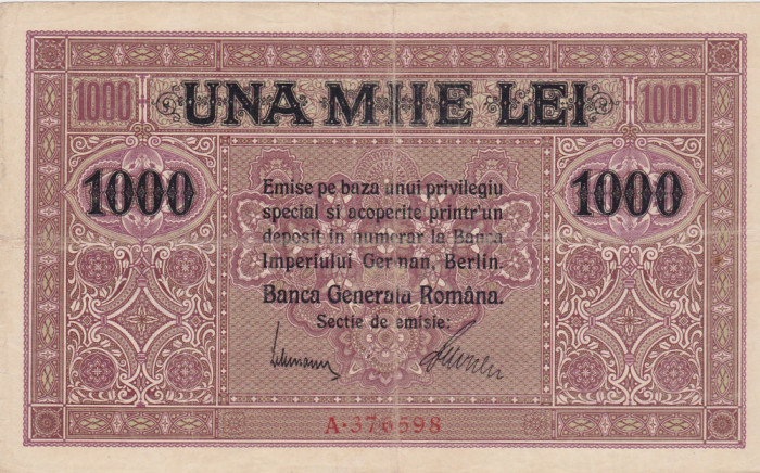 ROMANIA 1000 LEI BGR 1917 aVF 2 stampile