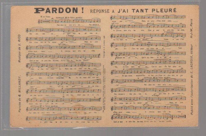 CPIB 23863 CARTE POSTALA - PARTITURA MUZICALA - &quot;PARDON! REPONSE A J&#039;AI TANT PLEURE&quot;, NECIRCULATA, PARIS