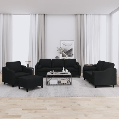 vidaXL Set de canapele cu perne, 4 piese, negru, material textil foto