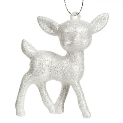 Ornament Brad Crăciun Cerb, Alb, Glitter Argintiu, 8.5x8.5 cm, Plastic foto