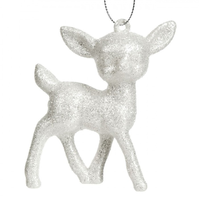 Ornament Brad Crăciun Cerb, Alb, Glitter Argintiu, 8.5x8.5 cm, Plastic