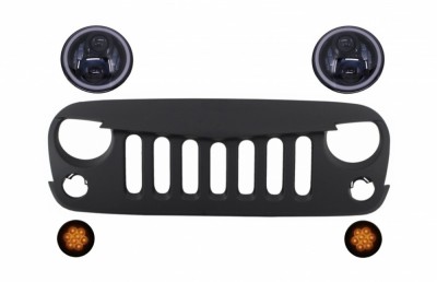 Grila Frontala cu Faruri LED CREE Angel Eye si Semnalizari compatibile cu Jeep Wrangler Rubicon JK 2007-2017 Performance AutoTuning foto