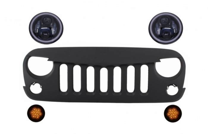 Grila Frontala cu Faruri LED CREE Angel Eye si Semnalizari compatibile cu Jeep Wrangler Rubicon JK 2007-2017 Performance AutoTuning