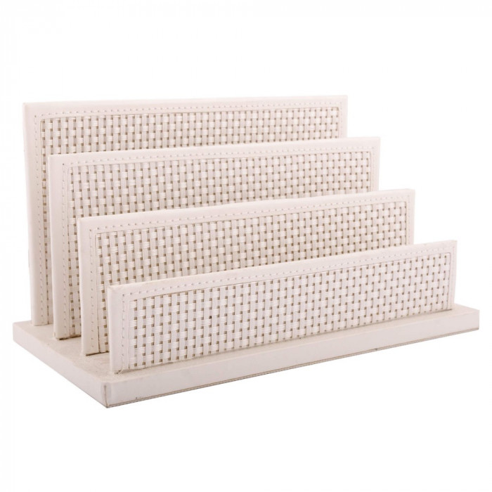 Suport pentru plicuri Rasteli, invelit in piele ecologica si ratan, 23 x 12 x 13 cm, Crem