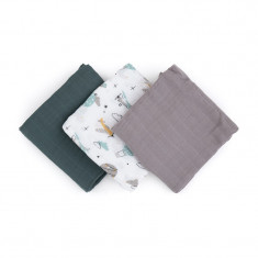 Set 3 scutece, Petite&Mars, Moussy Grey Planes, Din muselina de bambus, Hipoalergenice, 68 x 68 cm, Certificate Oeko Tex Standard 100, Multicolor