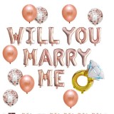 Set baloane decorative WILL YOU MARRY ME, Flippy, set din 12 piese, 10 baloane latex, 1 set Marry me, 1 balon folie inel, Rose Gold