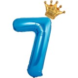 Balon din folie metalizata flippy, figurina cifra si coroana, tema aniversare 100 cm, ambalaj individual, pai inclus, umflare cu aer sau heliu, albast