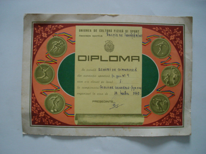 Diploma Uniunea de Cultura Fizica si Sport, 1968, gimnastica