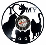 Ceas de perete decorativ realizat din disc de vinil, Model I Love My Cat, Pisici Silueta, Inima, Cadran Skeleton, Negru, 30 cm
