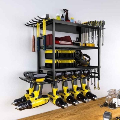 Raft pentru scule si unelte, din metal, cu montare pe perete, dimensiuni 60x41.5x24.5 cm, cu 4 compartimente de depozitare, carlige pentru agatare, ne foto