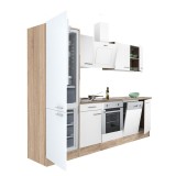 Mobilă de bucătărie Yorki 280, corp din stejar sonoma, față alb satinat, element cuptor inferior, frigider congelator inferior