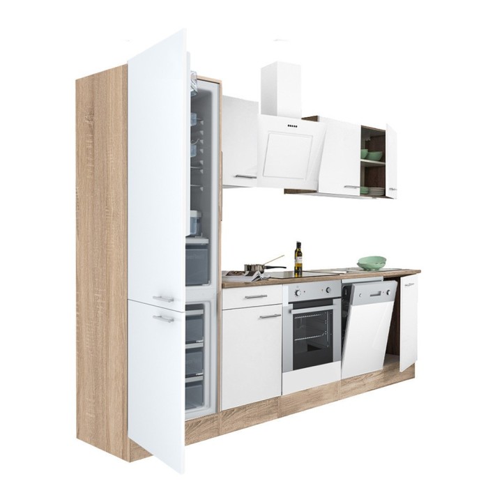 Mobilă de bucătărie Yorki 280, corp din stejar sonoma, față alb satinat, element cuptor inferior, frigider congelator inferior