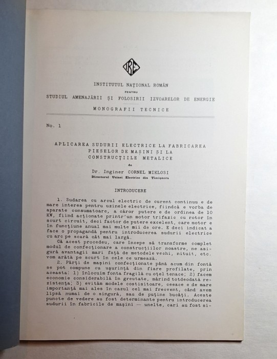 Monografie tehnică I.N.R. / I.R.E. No. 1 &bdquo;Aplicarea sudurii electrice&hellip;&rdquo; 1929