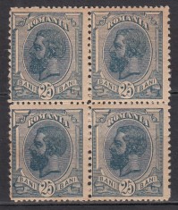ROMANIA 1900/1906 LP 54 l REGELE CAROL I SPIC DE GRAU FARA FILIGRAN VALOAREA 25 BANI ALBASTRU BLOC DE 4 TIMBRE STARE MNH