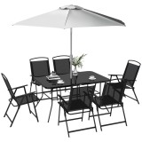 Outsunny Set de grădină cu Masă, 6 Scaune Pliante și Umbrelă de Soare cu Manivelă, Set pentru Exterior din 8 piese, 140x90x70 cm, Gri