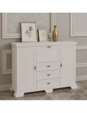 Comoda living VM6P, o usa rabatabila pentru bar, 2 usi fixe, 3 sertare, Pal melaminat, cu insertii MDF, Alb Antichizat