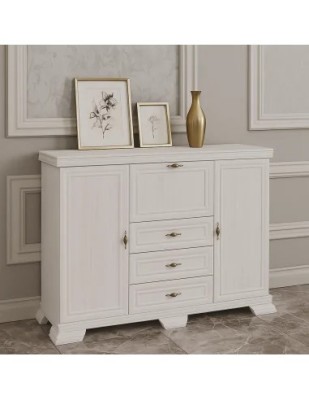Comoda living VM6P, o usa rabatabila pentru bar, 2 usi fixe, 3 sertare, Pal melaminat, cu insertii MDF, Alb Antichizat foto