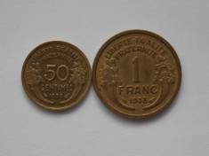 LOT 2 MONEDE 50 CENTIMES, 1 FRANC 1938 - FRANTA foto