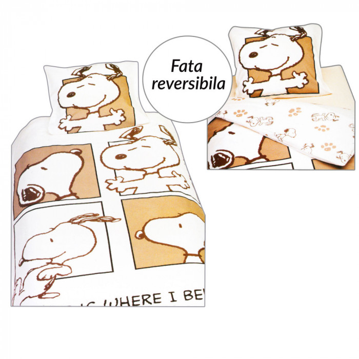 Set lenjerie alba de pat o persoana 140x200cm, Snoopy