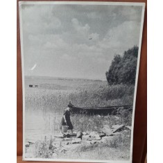 Fotografie, femeie carand apa cu galeata, perioada interbelica