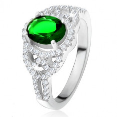 Inel - zirconiu oval, verde, contur, linii rotunjite, ştrasuri transparente, argint 925 - Marime inel: 54