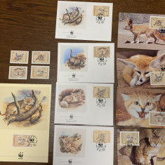 Yemen - feline- pisica de nisip- serie 4 timbre MNH, 4 FDC, 4 maxime, fauna wwf