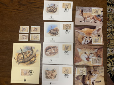 Yemen - feline- pisica de nisip- serie 4 timbre MNH, 4 FDC, 4 maxime, fauna wwf foto